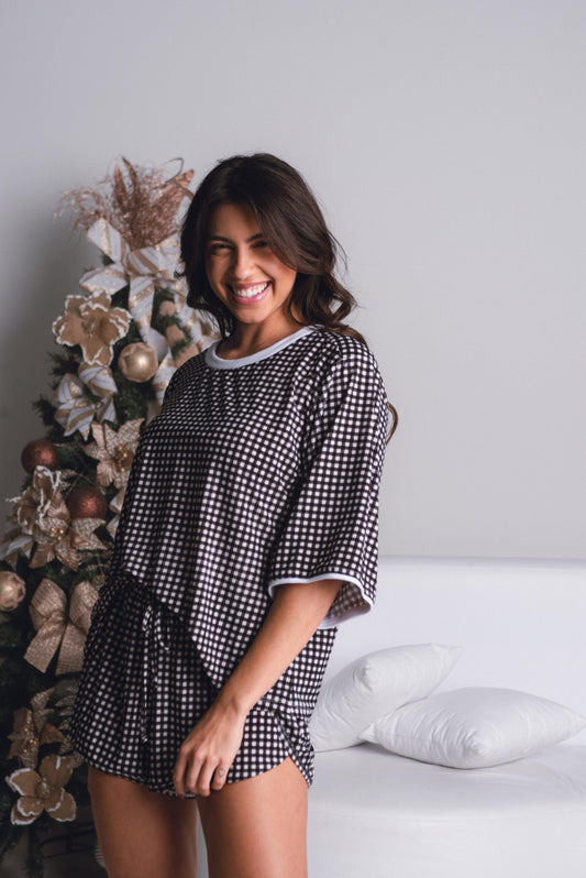 Camisa Manga Oversized Em Liganete Estampada Quadriculada - Nara Paiva Lingerie